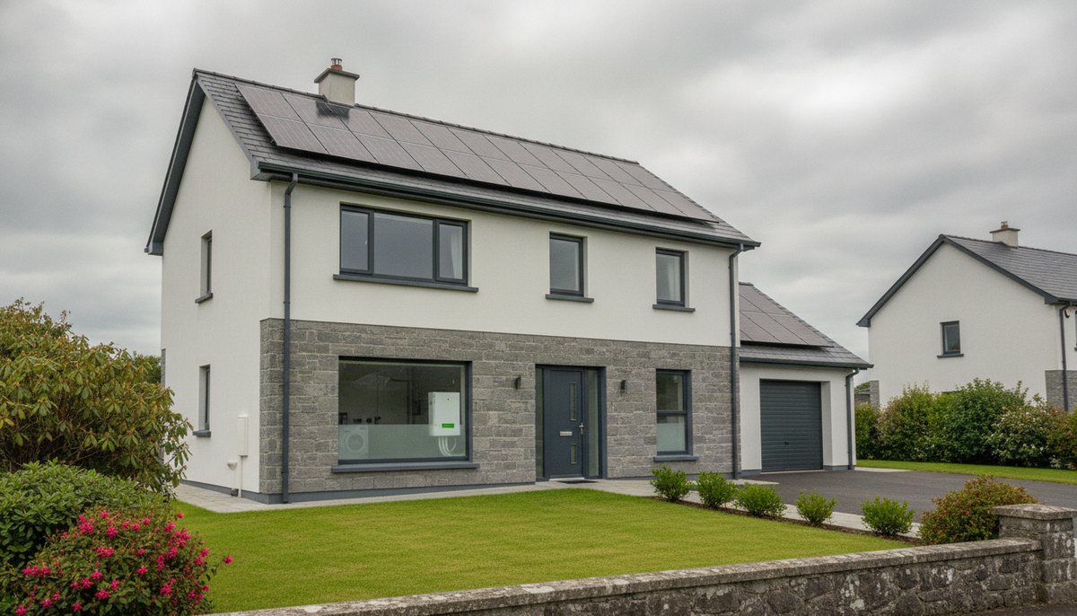 Wall-mounted home battery unit beside a hybrid inverter in the utility area of an Irish house, with garden visible through the window