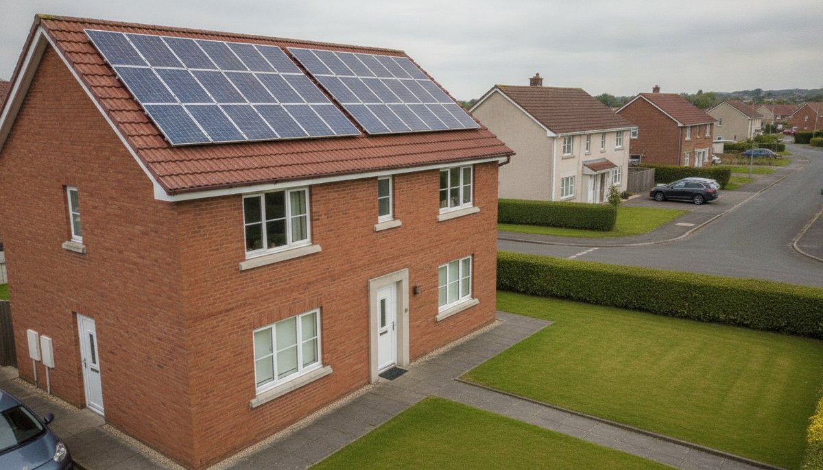 Solar panels on the red-brick roof of an Irish suburban home exporting electricity to the grid