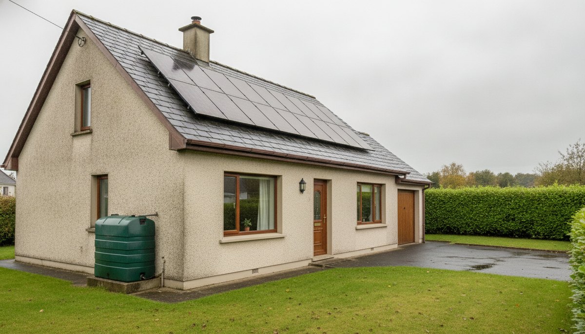 Home heating oil tank beside an Irish house with solar panels on its roof under soft daylight