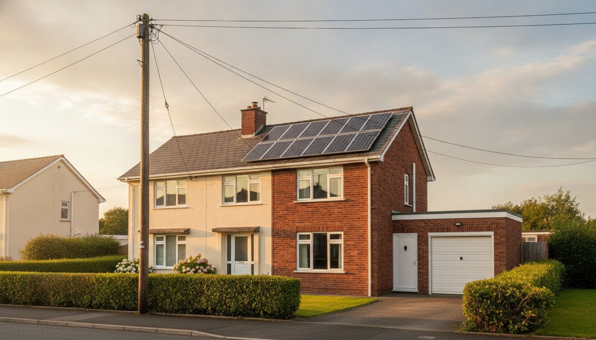 Irish semi-detached house with rooftop solar panels in warm evening light, electricity pole and overhead lines on the street