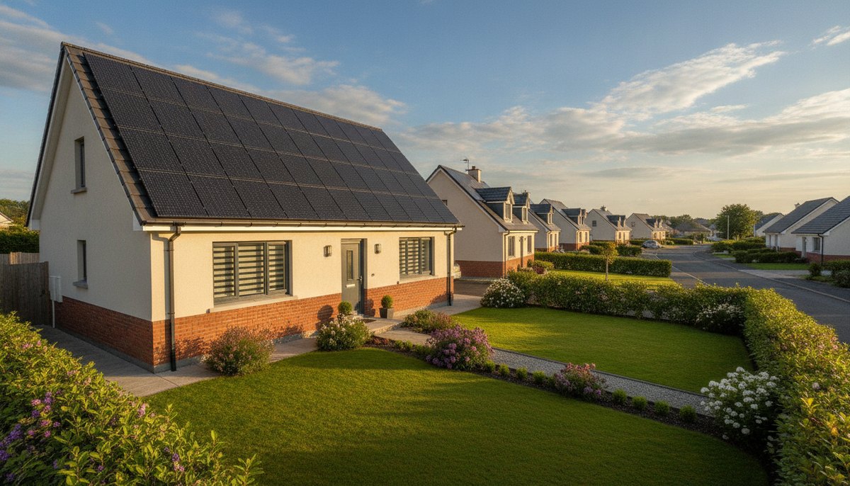 Rooftop solar panels on a modern Irish semi-detached suburban house in golden afternoon light, with other homes along the street behind