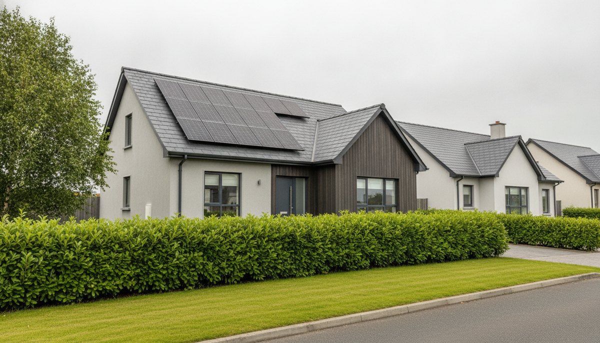 Solar panels on the roof of an Irish suburban house exporting surplus electricity to the grid