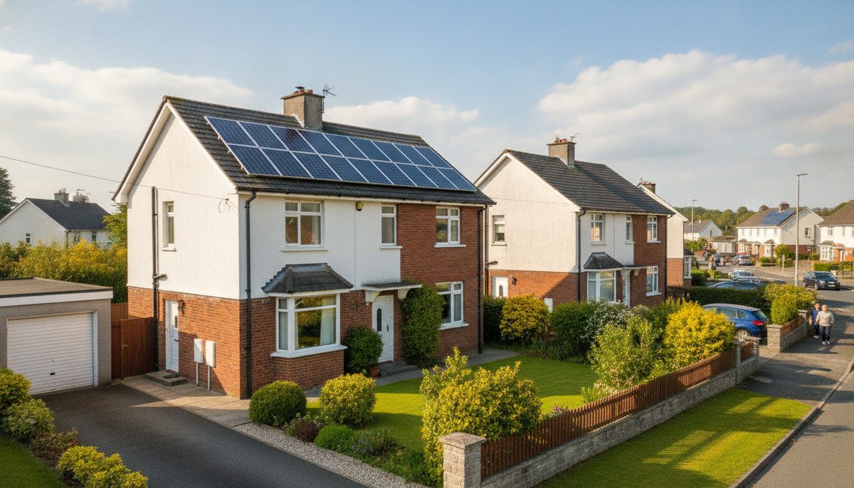 Irish home with solar panels on roof, reducing electricity bills permanently