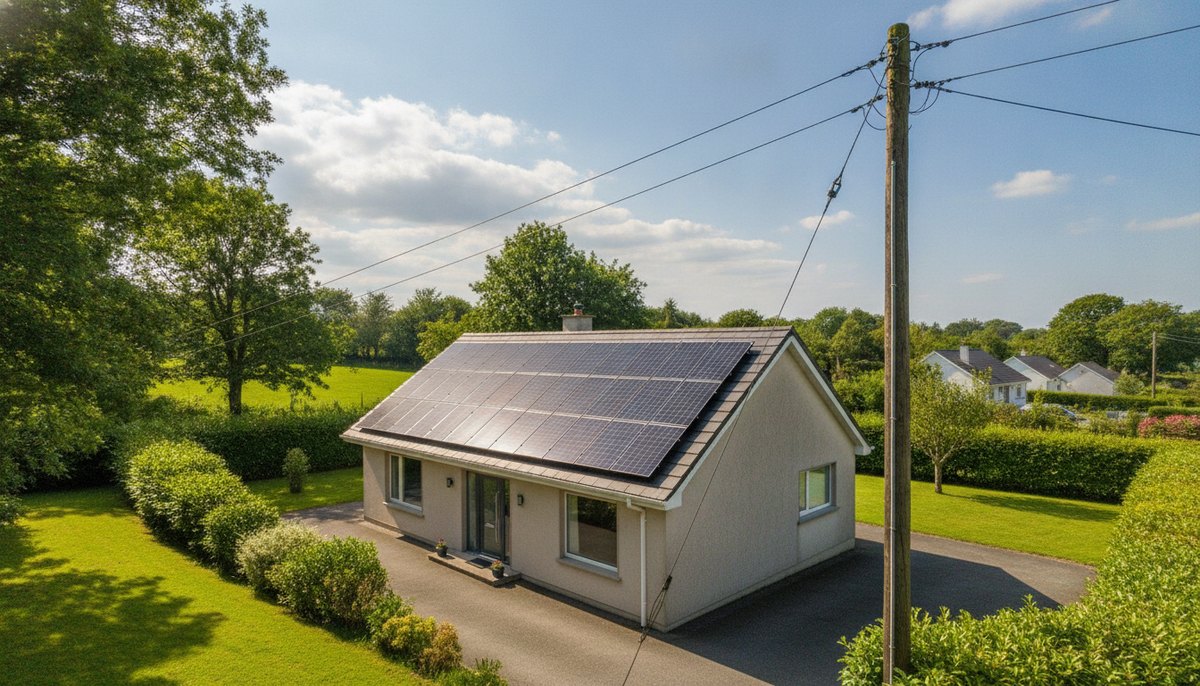 Solar panels on the roof of an Irish bungalow with overhead power lines nearby carrying exported electricity to the grid