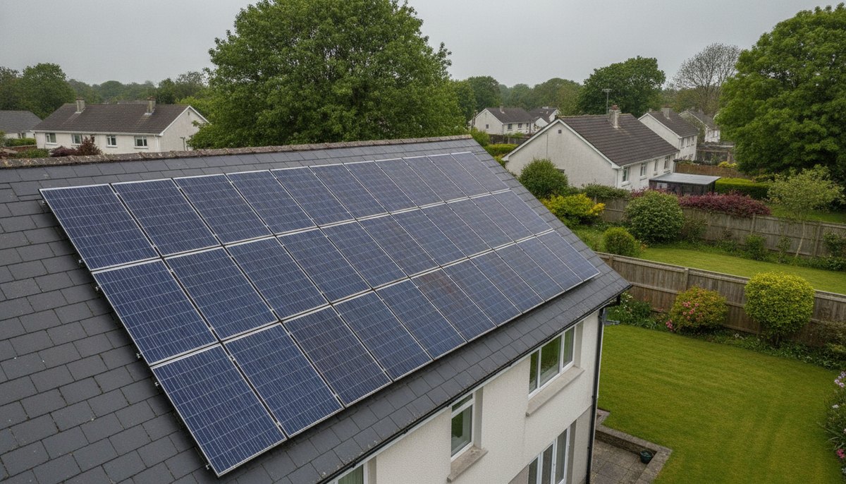 Solar panels on the slate roof of an Irish suburban home exporting electricity to the grid