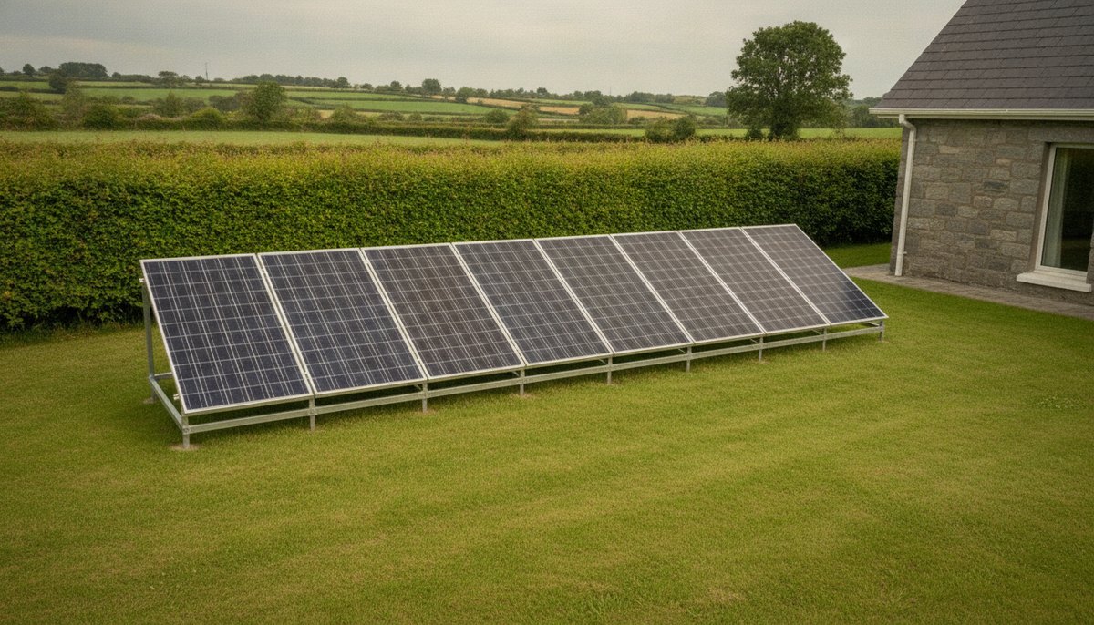 A row of free-standing ground-mounted solar panels on a metal frame on the lawn behind an Irish house, with a hedge and green fields behind