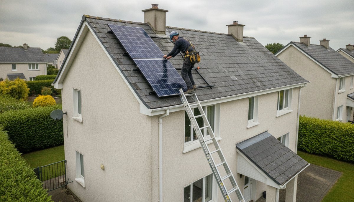 Installer fitting solar panels to the pitched roof of an Irish semi-detached house on a bright day