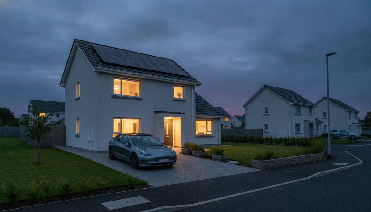 A modern Irish suburban house at blue-hour dusk with solar panels on the roof, warm lights in the windows and an electric car parked on the driveway
