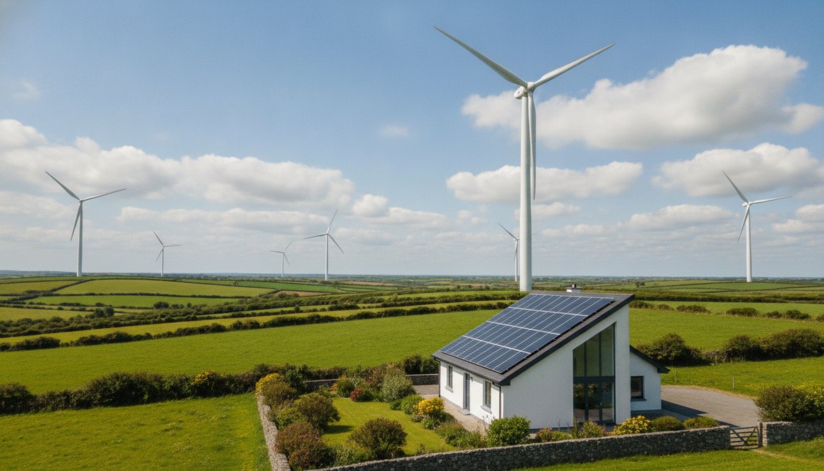 Wind turbines on green Irish farmland with rooftop solar panels on a house in the foreground under a bright cloudy sky