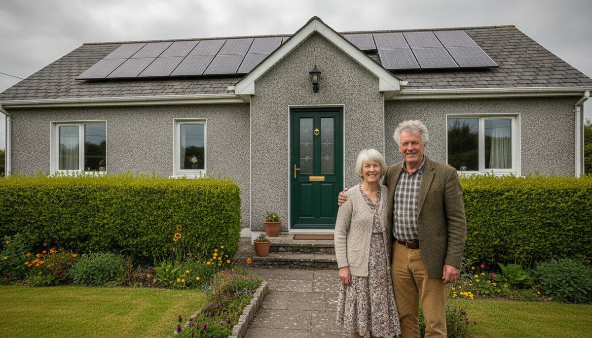 Older Irish couple standing at the front door of their pebble-dashed bungalow with solar panels on the roof