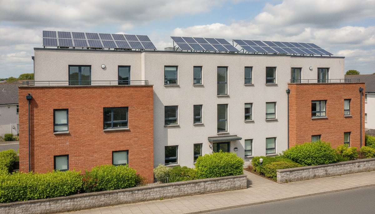 Solar PV panels mounted on the flat roof of a modern Irish apartment block under bright daylight