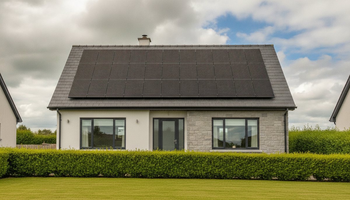 Irish detached bungalow with black solar PV panels fitted across its slate roof on an overcast day