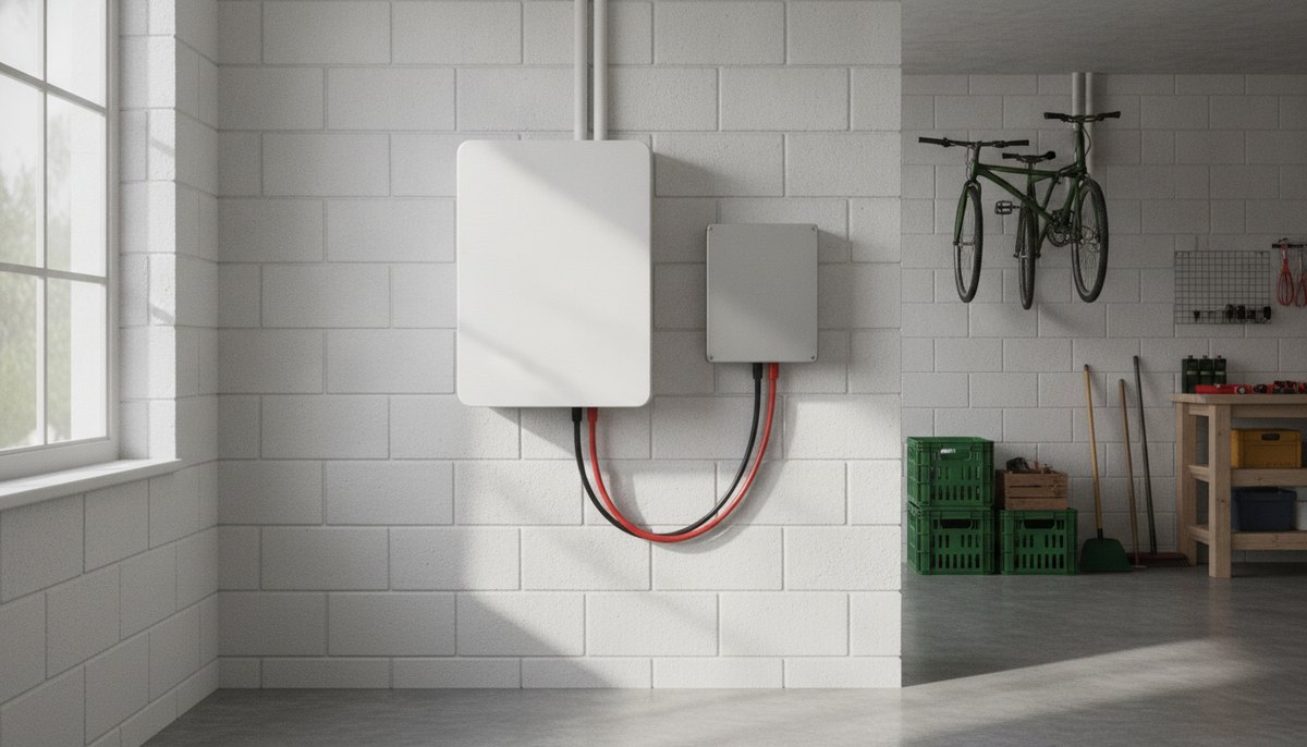 Home battery storage unit mounted on the wall of an Irish garage beside a solar inverter