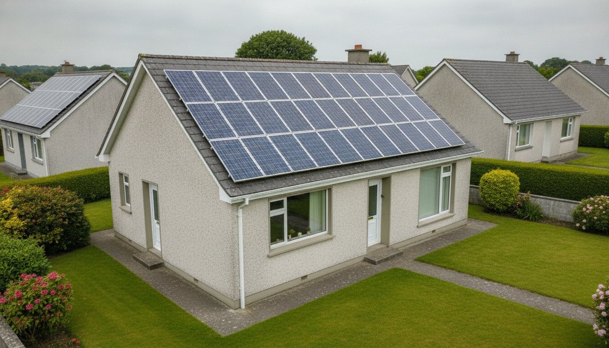 Solar panels on an Irish suburban house roof in daylight