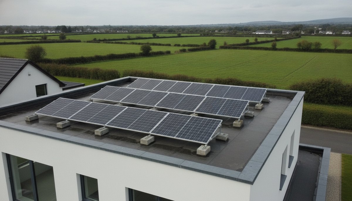 Solar PV panels mounted on aluminium tilt frames on the flat roof of a modern Irish house, angled to catch the sun, with ballast blocks at the frame feet