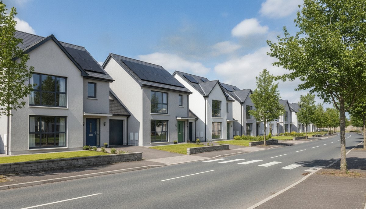 Solar PV panels installed on the pitched roofs of modern Irish rental houses on a suburban street under bright daylight