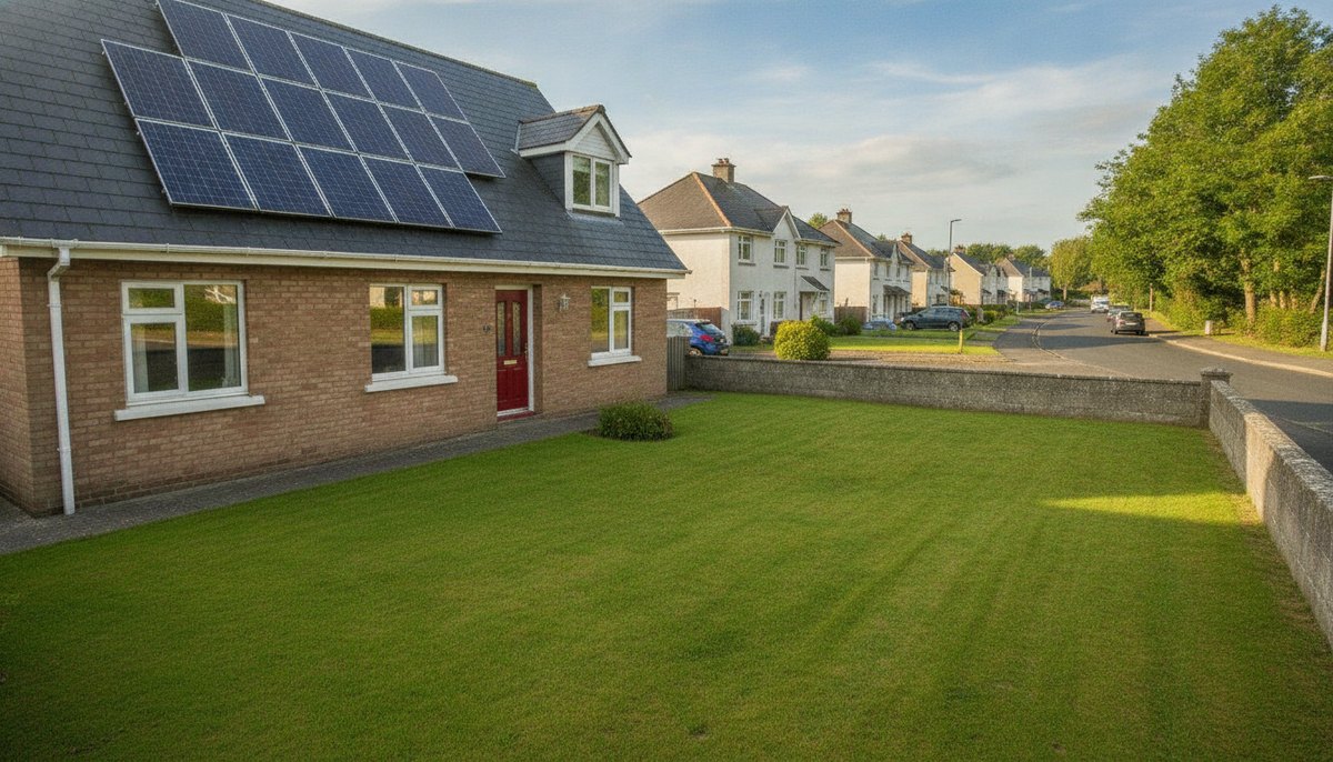 Solar panels on the roof of an Irish suburban home exporting surplus electricity to the grid