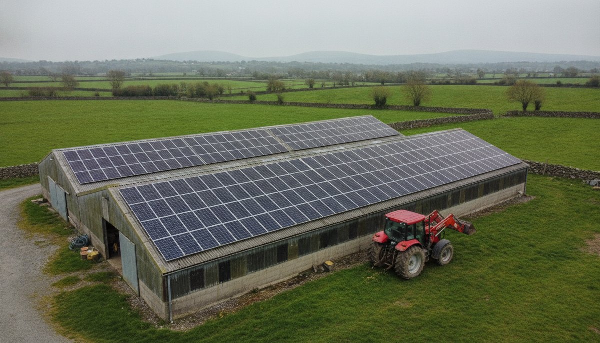 Solar PV panels mounted on the roof of a large Irish farm shed surrounded by green fields under daylight